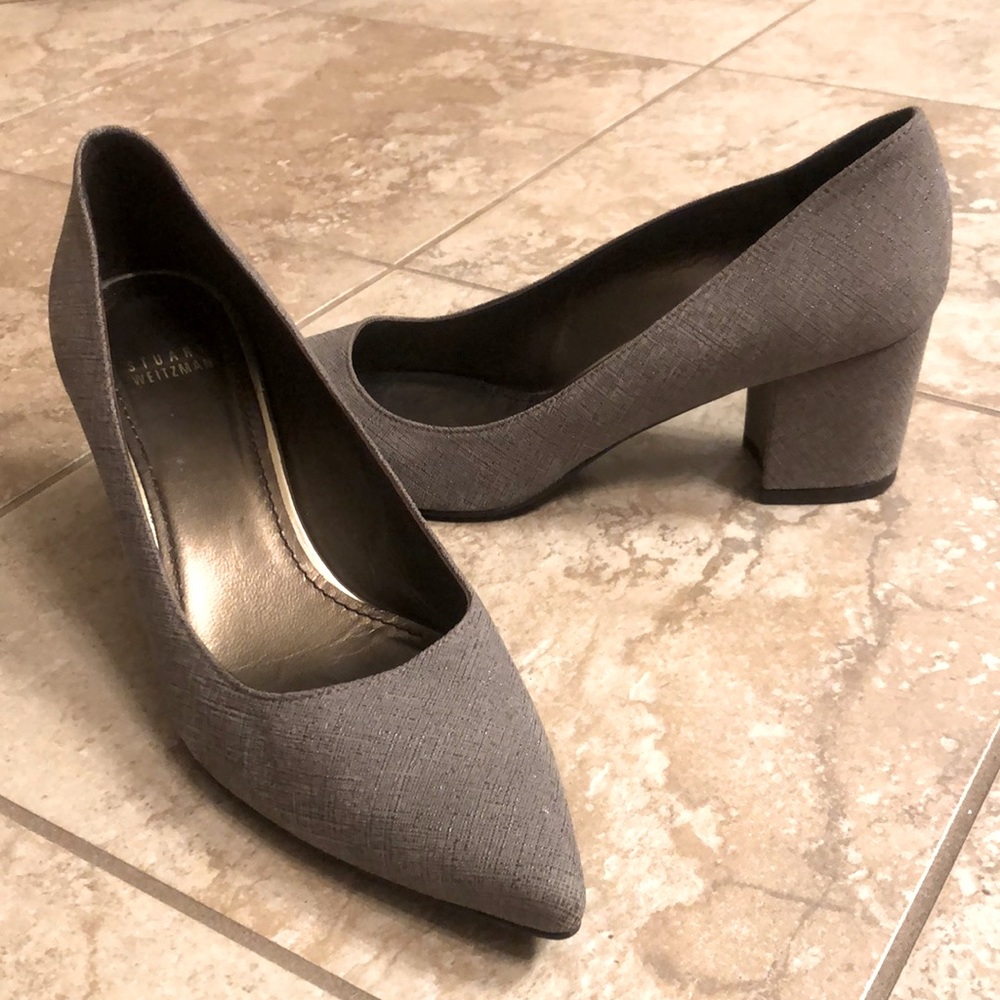 Stuart Weitzman gray textured leather pointed-toe block heel pump- New Sz 9.5